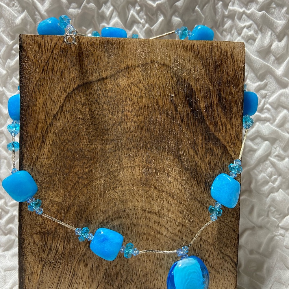 Blue Beaded Womens Fashion Necklace New Silver Tone 10in Lobster Clasp